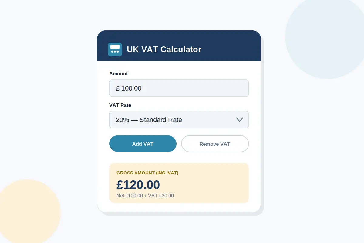 Calculator screen used to work out French VAT at 20 percent