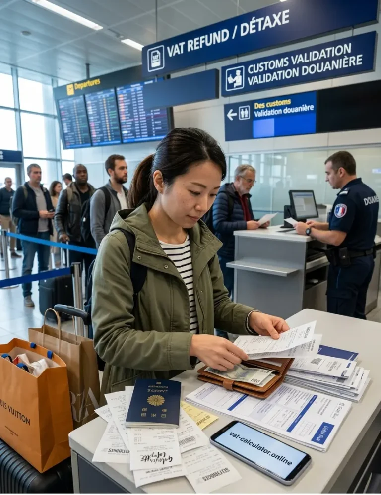 Tourist completing VAT refund customs validation at an EU airport